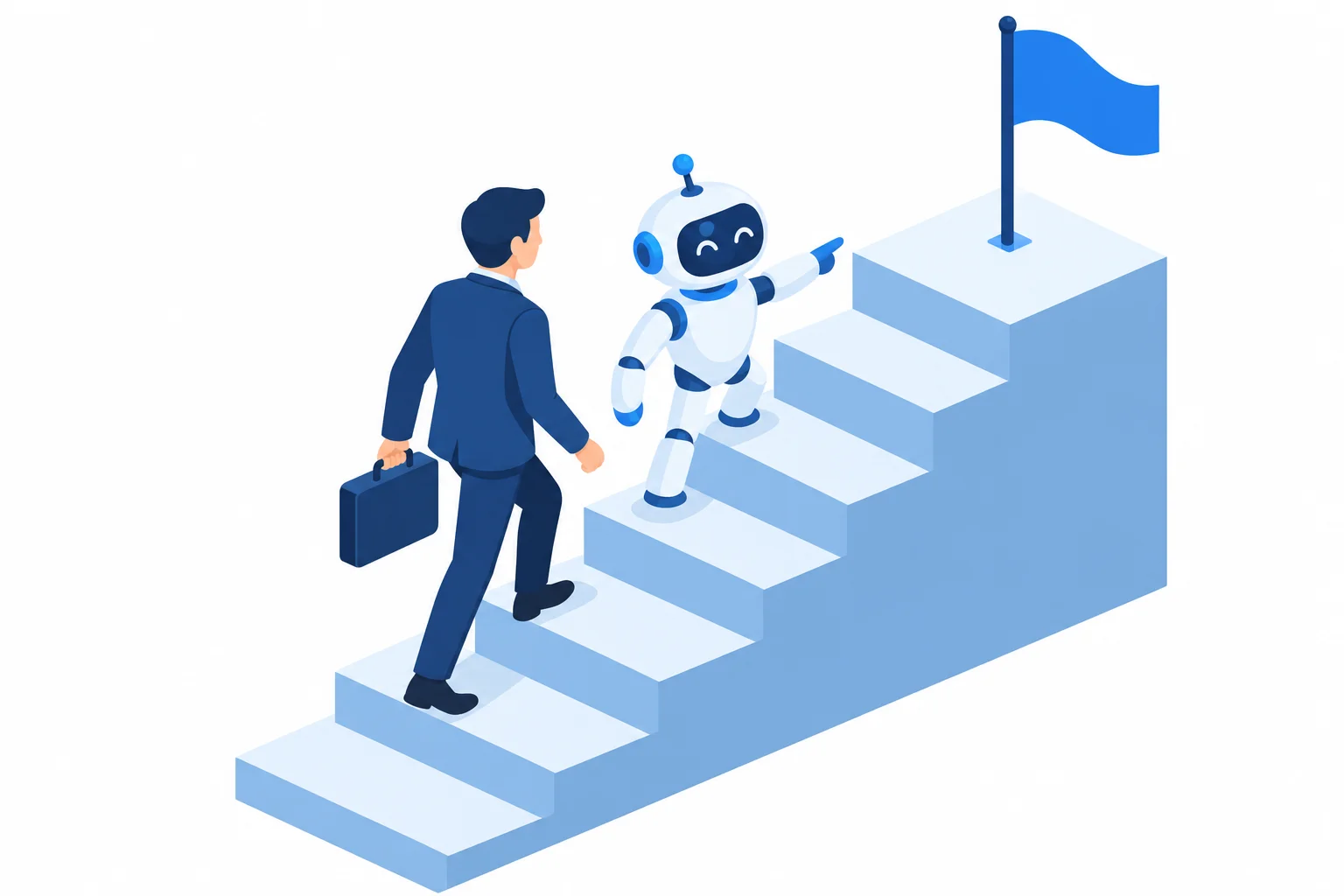 担当者とAIロボットが一緒に階段を上り、先にあるゴールの旗を指しているイラスト