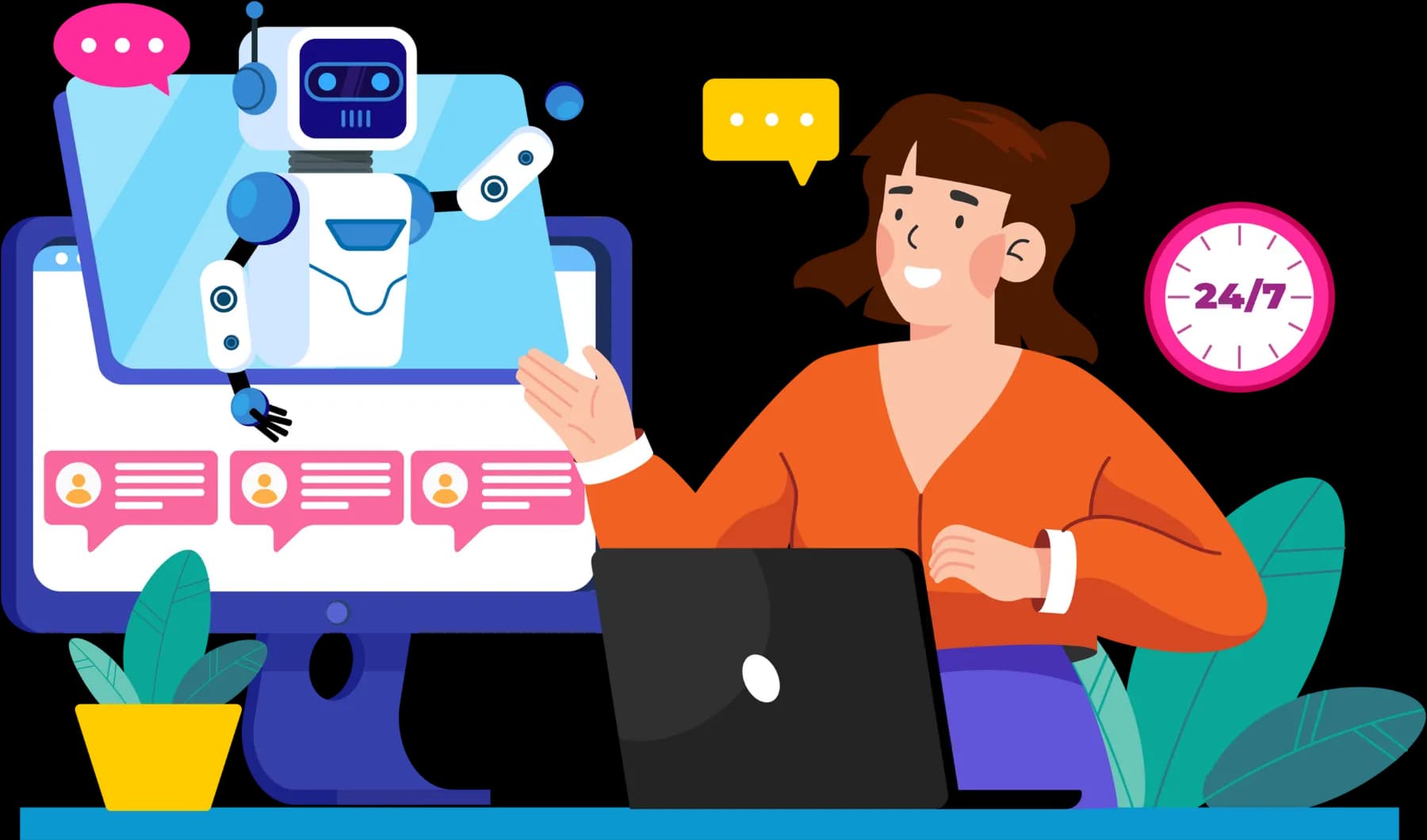 AIロボットとチャットする画面の横でノートパソコンを使う人のイラスト