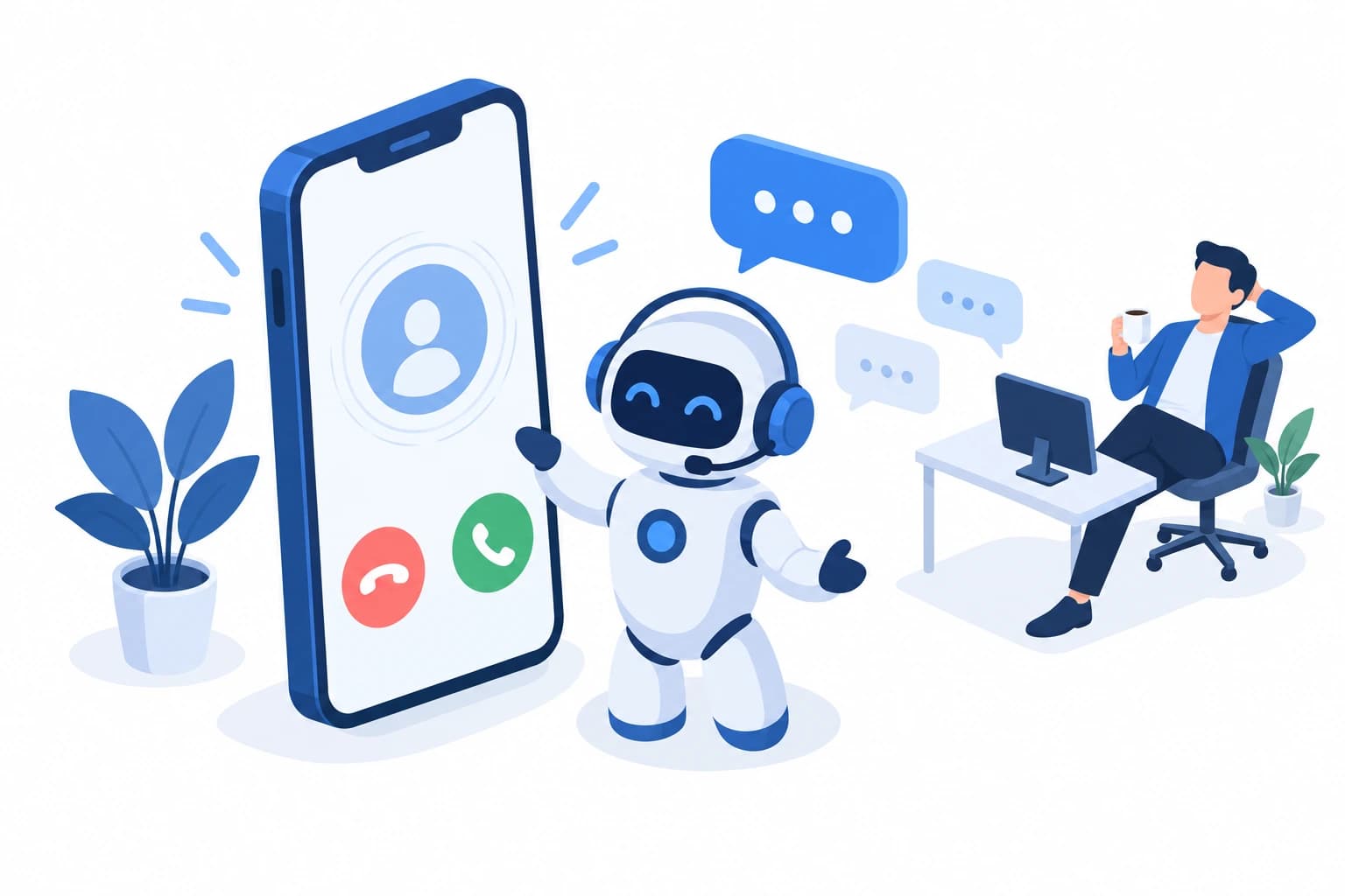 着信中のスマートフォンの横で、ヘッドセットをつけたAIロボットが応答し、オペレーターはひと息ついているイラスト